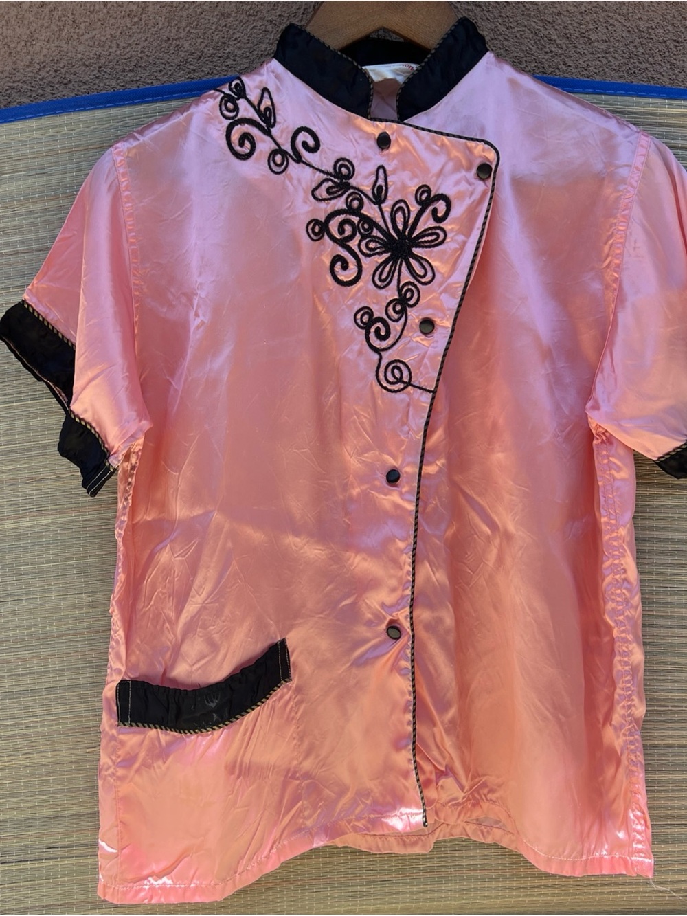 Vintage Pink Satin Button-Down Top with Black Embroidery